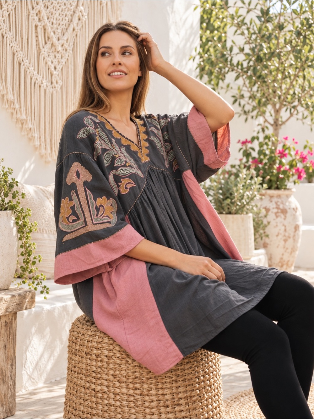 144 easel Bohemian Embroidered Tunic in Charcoal and Dusty Rose Oversized Small